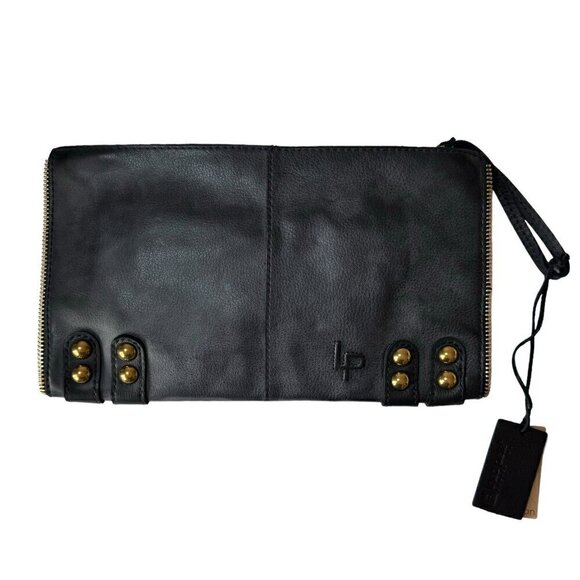 NWT Linea Pelle Dylan Large Clutch Black Leather Double Zip Studded Boho Y2K - Picture 4 of 13